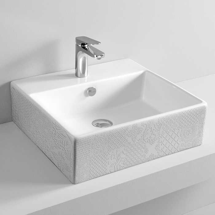 Раковина 500х480 мм., с 1 отверстием для смесителя, с переливом, цвет белый глянцевый, декор Cementina