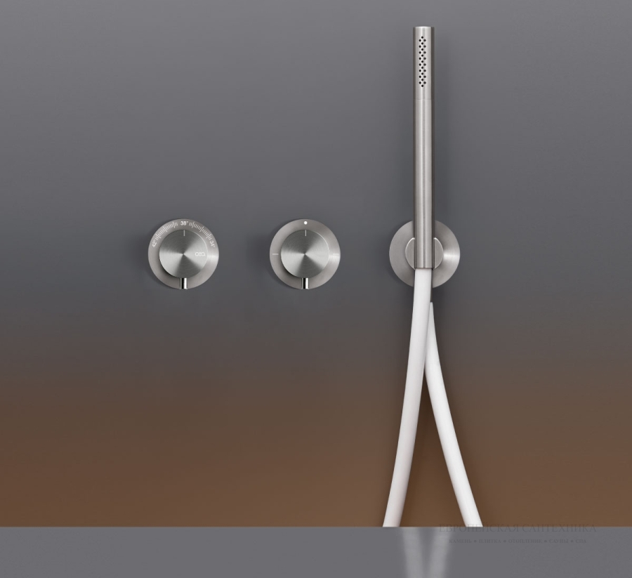 Смесители Термостат Milo360, настенный, на 3 отверстия, переключатель на 2/3, ручной душ 18 мм, шланг в цвете Cobalt blue, внешняя часть, цвет Black Diamond сатинированный 