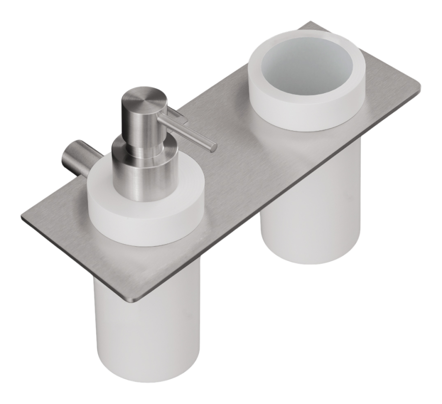 Полка-держатель с дозатором для жидкого мыла Stem, настенная, Delrin®, со стаканом для зубных щёток, L. 200 мм, сталь, цвет сатинированная сталь