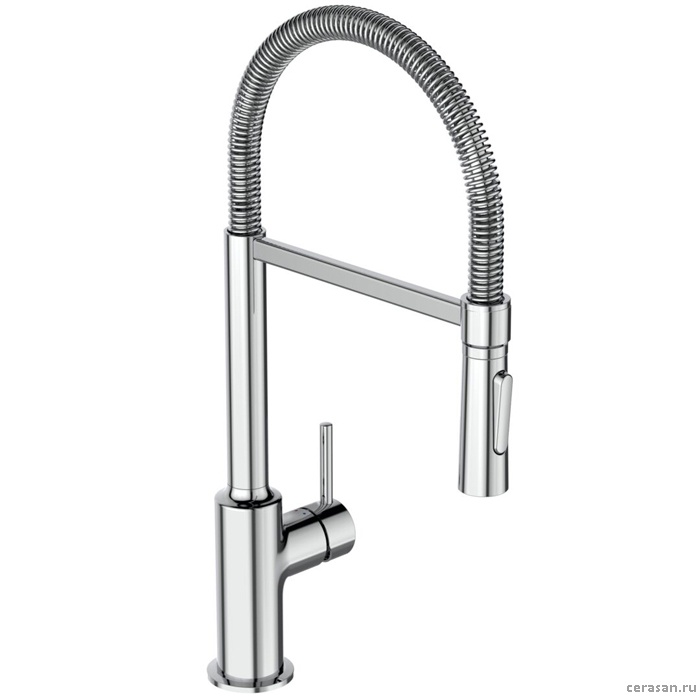 Смеситель для кухни высокий 360, с поворотным изливом, 2 типа струи - переключение кнопка, цвет хром