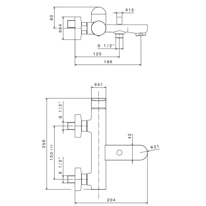 Смесители Смеситель для ванны настенный с переключением ванна/душ, без лейки, матовый черный 