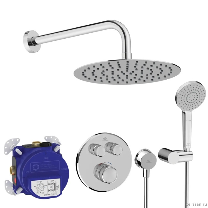 Душ комплект: встроенный термостат, наружная часть с переключателем,  ручным душем, верхним душем 250 мм, цвет хром