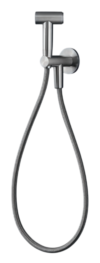Гигиенический душ , с настенным держателем и подключением к воде, шланг 1000 мм в стальной оплётке, цвет сталь сатинированная