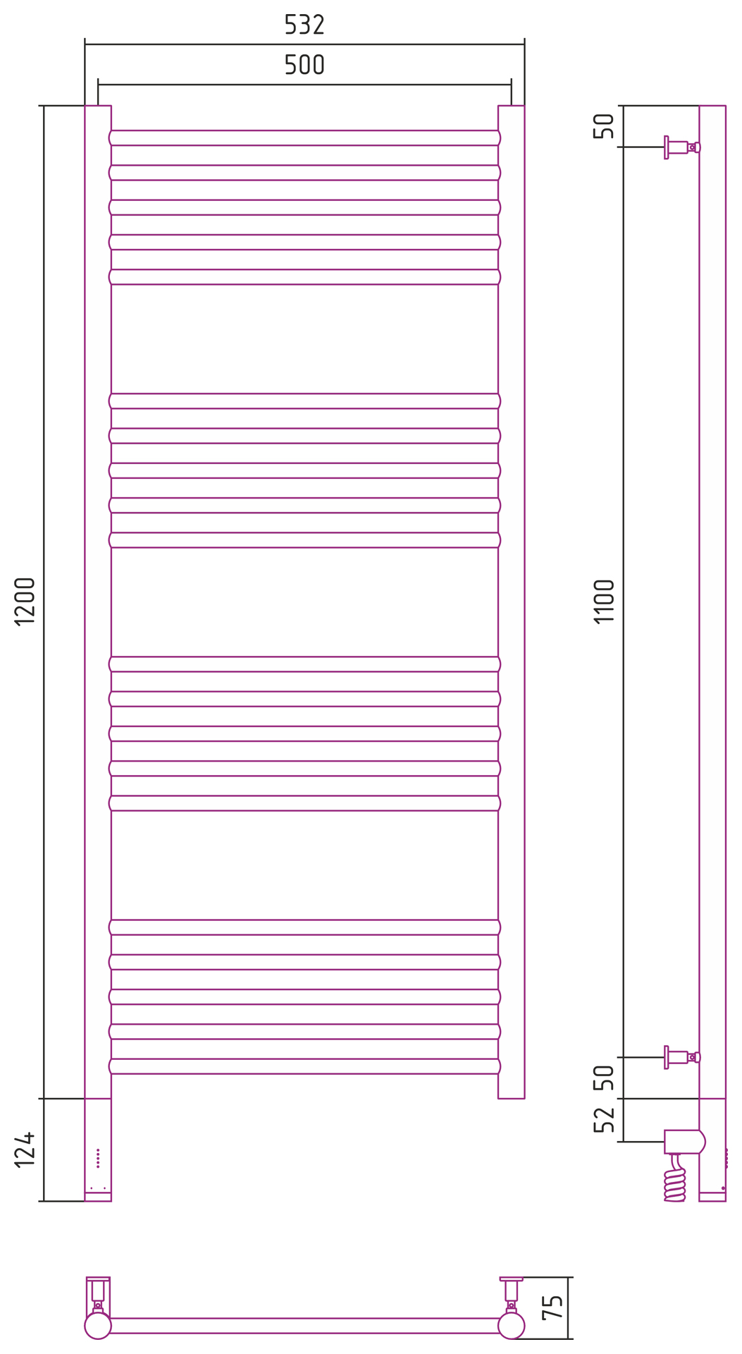 Полотенцесушители Радиатор электрический прямая 1200х500 электрический модуль левый 