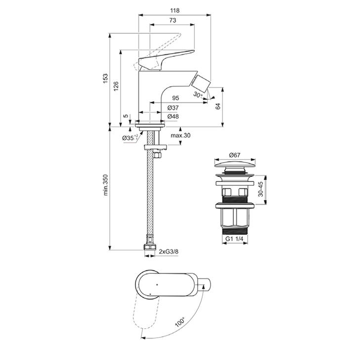 Смесители Смеситель для биде H120, без донного клапана, цвет хром 