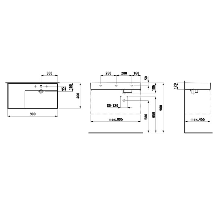 Раковины Раковина 900х460х120мм без перелива, с 1 отв. под смеситель, со скр сливом, полка слева, цвет: белый 
