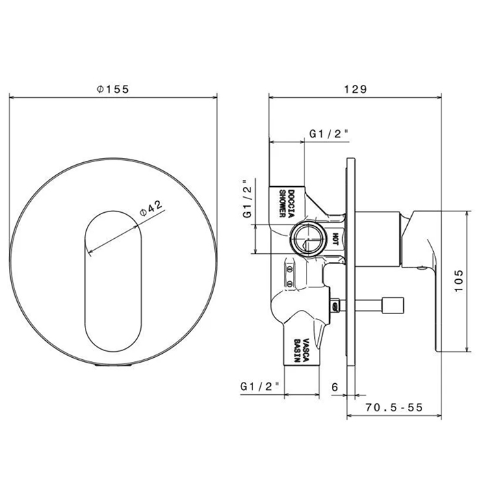 Смесители Встроенный однорычажный смеситель для душа с переключателем на 2 источника, внешняя и внутренняя части, цвет хром 