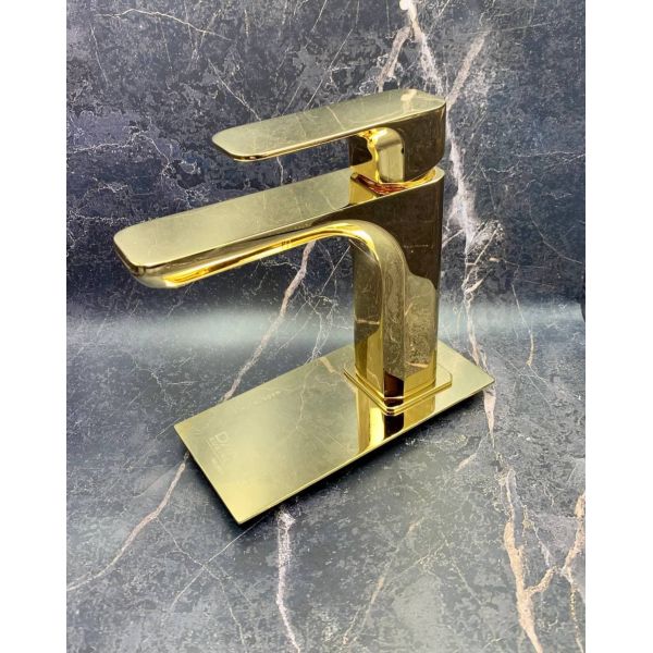 Однорычажный смеситель для раковины (излив 12 см), с донным клапаном, цвет золото