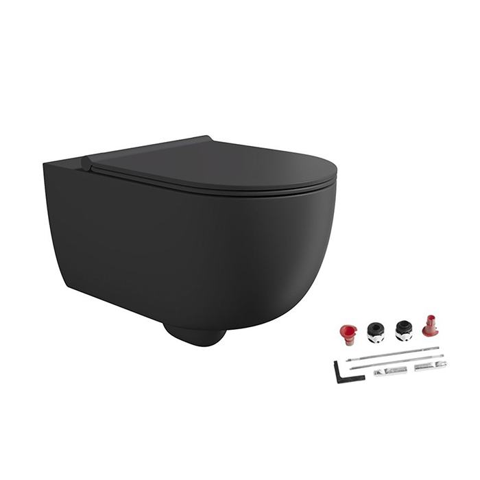 Сиденья для унитазов Унитаз 55х35, подвесной, безободковый, с сиденьем и крышкой с микролифтом, с набором для крепления, чёрный матовый 