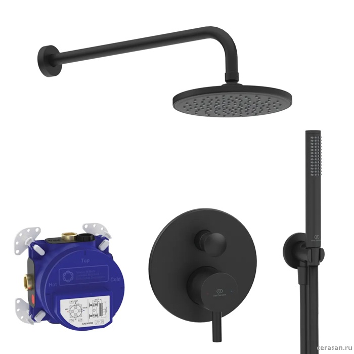 Душевой комплект: встроенная часть смесителя, наружная часть с переключателем,  ручной душ, верхний душ 200 мм, штанга 400 мм, цвет чёрный матовый
