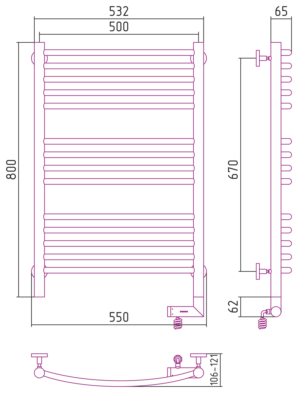 Полотенцесушители Радиатор электрический 800х500 электрический модуль правый 