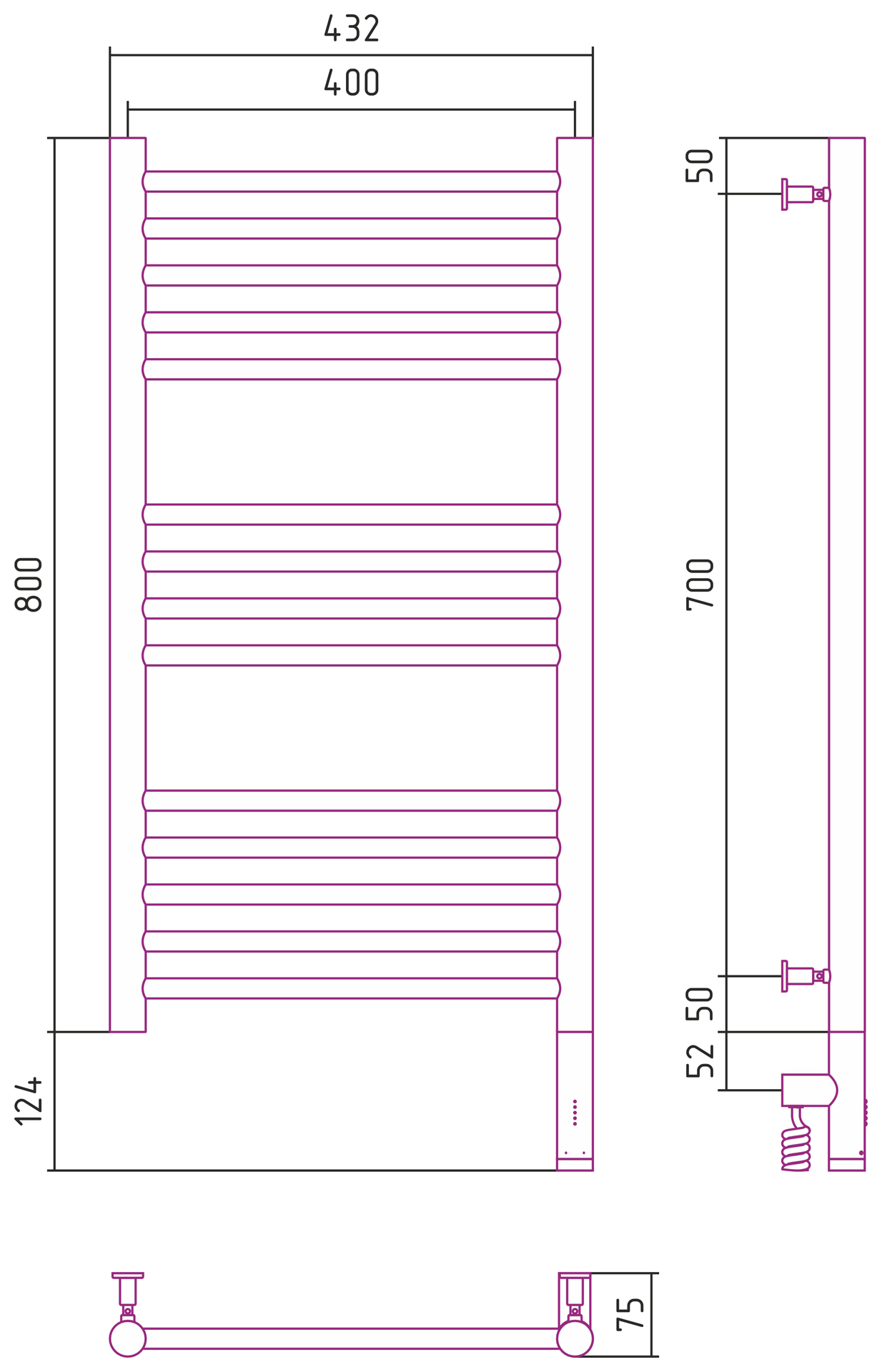 Полотенцесушители Радиатор электрический прямая 800х400 электрический модуль правый 