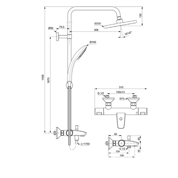 Душевая программа Душевая система с изливом и термостатом и ручным душем, корпус Coolbody, руч. душ: 3 режима, верх. душ: 200 мм, цвет хро 
