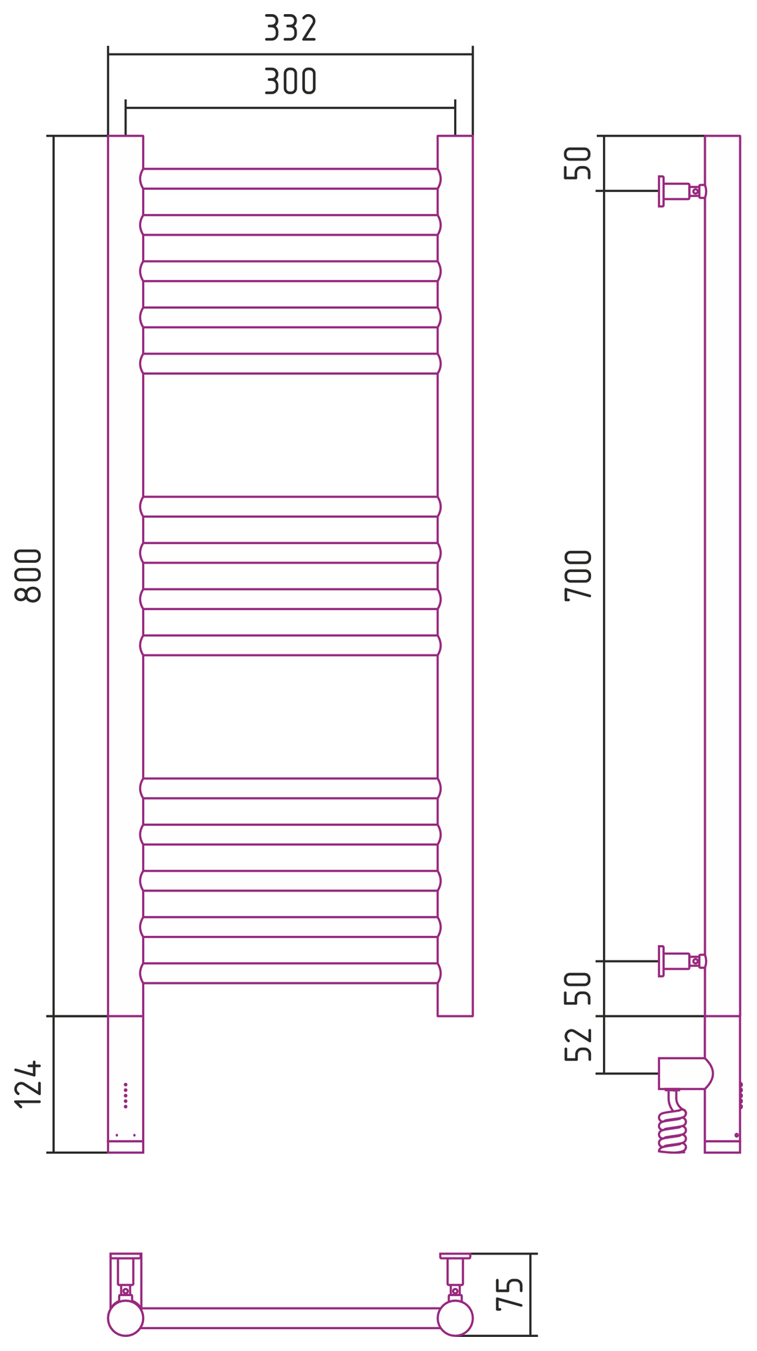 Полотенцесушители Радиатор электрический прямая 800х300 электрический модуль левый 