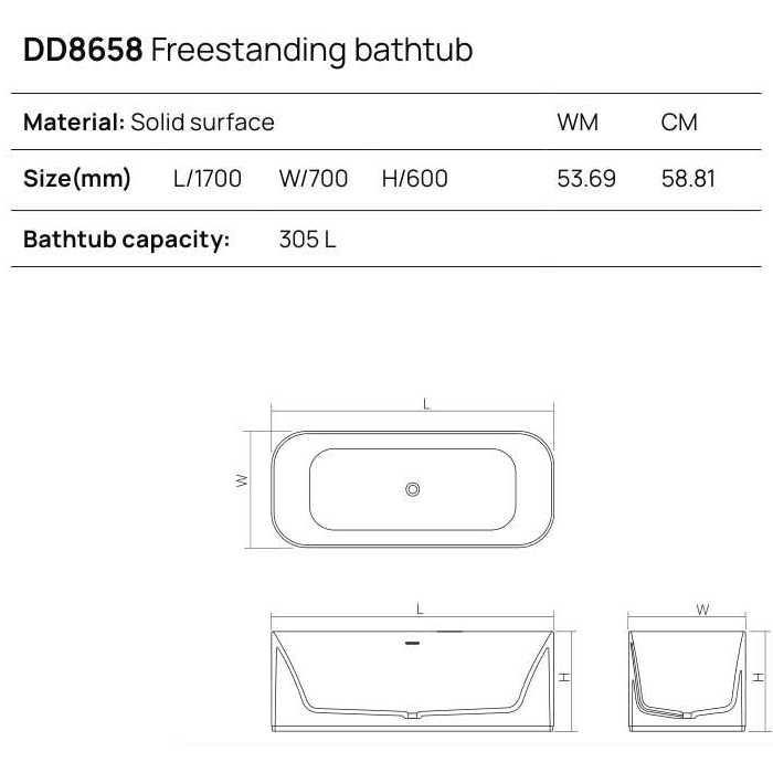 Ванны Ванна отдельностоящая 170x70xh60 см, материал: Solid Surface искуственный камень, цвет: White №18 