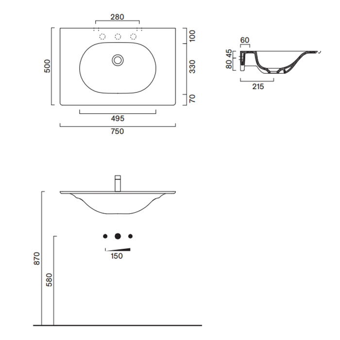Раковины 75 Столешница с интегрированной раковиной, цвет белый глянцевый 