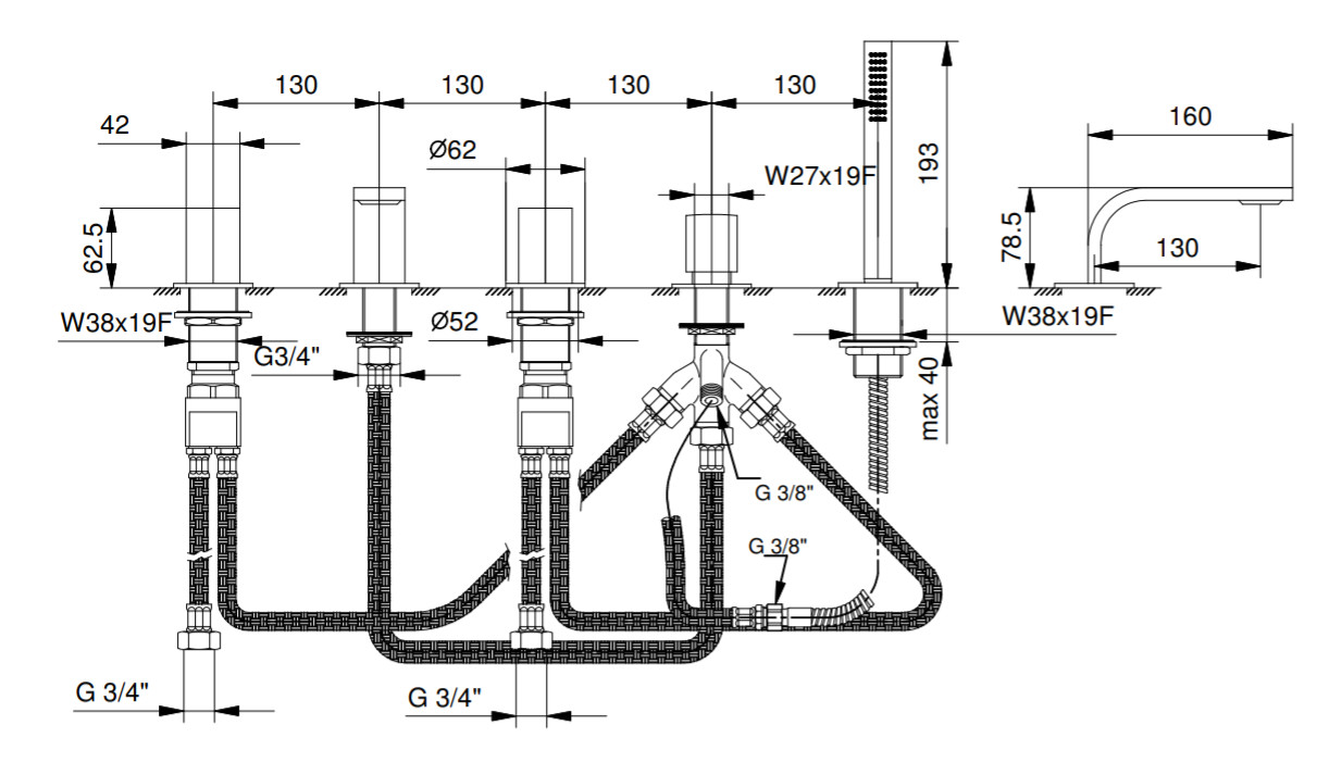 Смесители Набортный смеситель для ванны, с изливом, хром 