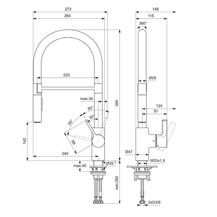 Смесители для кухни Смеситель для кухни высокий с выдвижным изливом, поворотный 360, чёрный шланг, 2 типа струи - переключение кнопка, цвет хром 