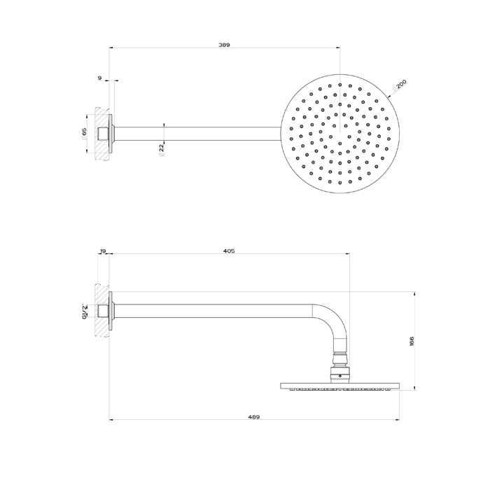 Душевая программа Верхний душ 200 мм, настенный кронштейн 389 мм, цвет черный матовый 