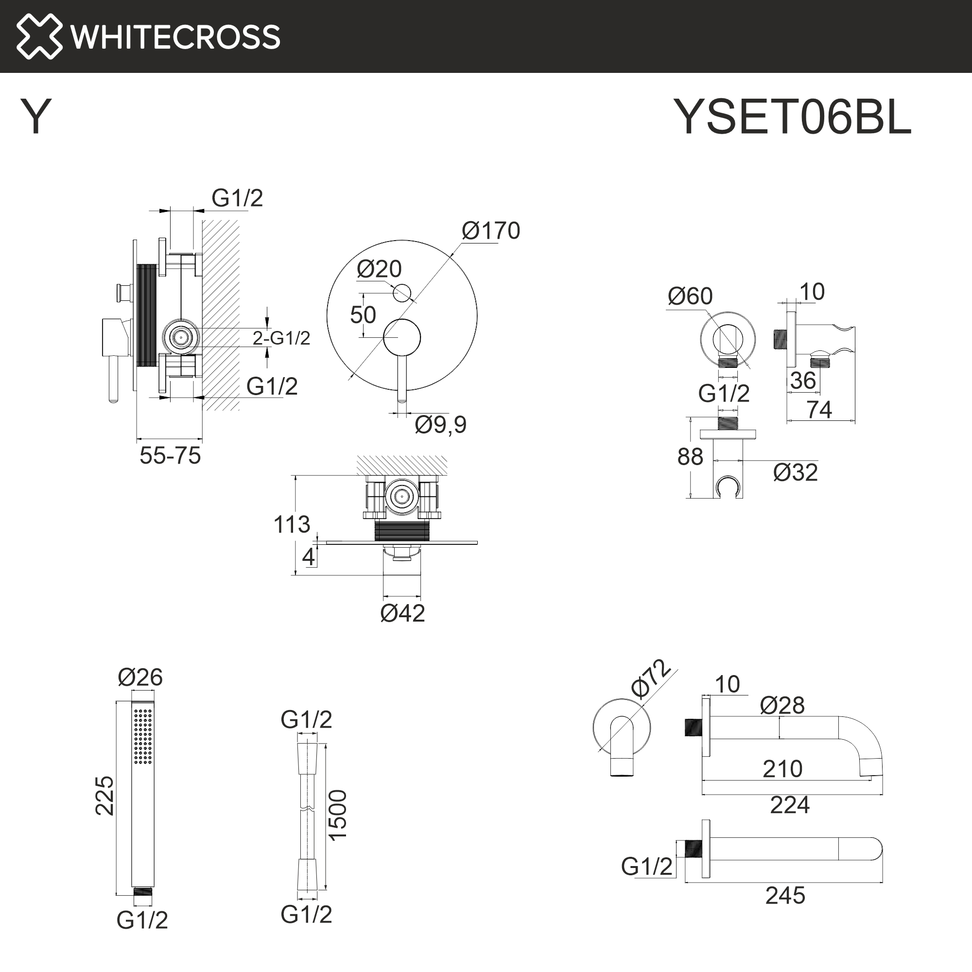 Душевая программа Система для ванны скрытого монтажа YSET06BL (черный мат) 