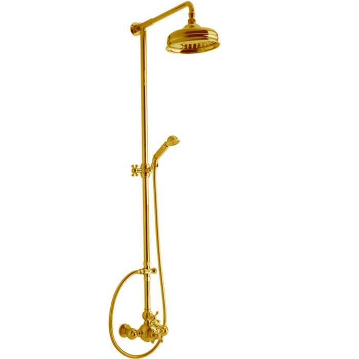 Душевая программа Душевой комплект: термостатический смеситель, стойка с верхним душем, лейка+шланг, цвет золото 