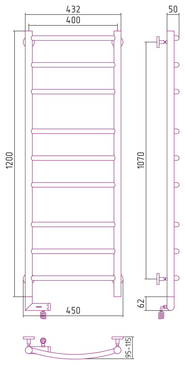 Полотенцесушители Радиатор электрический 1200х400 электрический модуль левый 