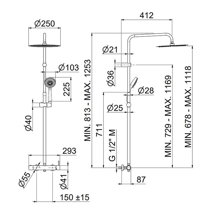 Душевая программа Душевая колонна на 2 потока с механическим смесителем с ручным душем на 5 режимов, хром 