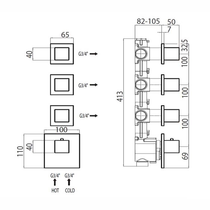 Смесители Наружняя часть термостата для Z030202000, Z030271000, Z030273000 с отдельными панелями, плоская рукоятка, хром 