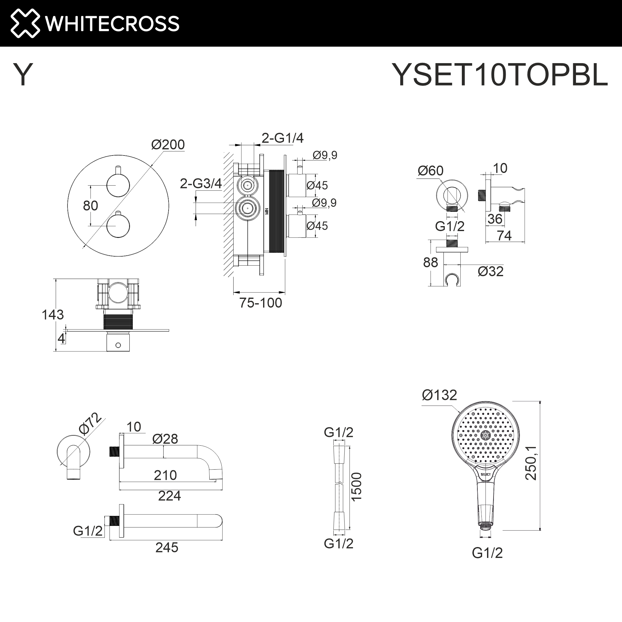 Душевая программа Термостатическая система для ванны скрытого монтажа YSET10TOPBL (черный мат) 