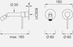 Смесители Настенный смеситель с настраиваемым краном. Длина макс. 165 мм и цветной ручкой GAS07 
