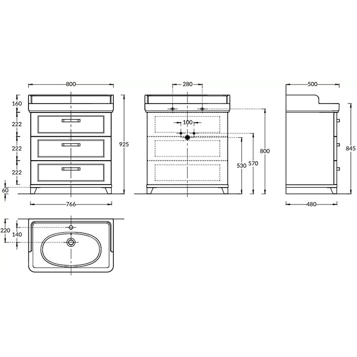 Мебель для ванной Тумба напольная с 3 ящиками 80, белая глянцевая 