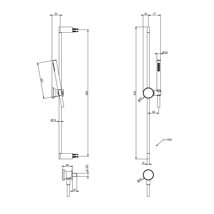 Душевая программа Штанга в комплекте с душевой лейкой, шланг 1,50 м и вывод воды. цвет хром 