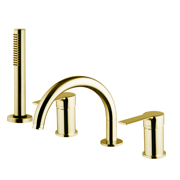 Смесители Смеситель на борт ванны, на 4 отверстия, с ручным душем, цвет золото 