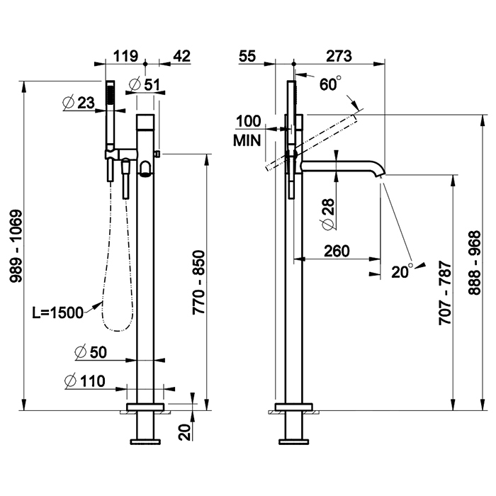 Смесители Intreccio Смеситель для ванны, напольный, с ручным душем, цвет: хром 