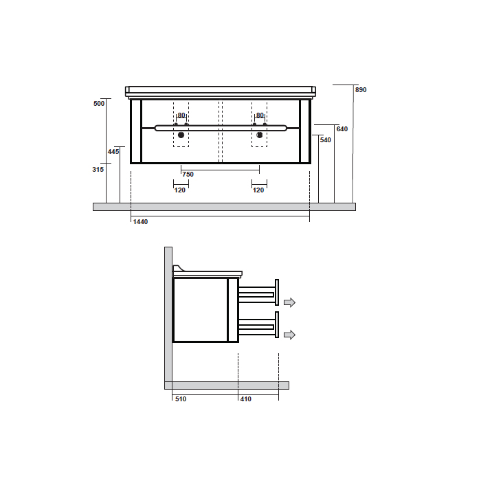Мебель для ванной База подвесная под раковину 150 см, с 4-мя ящиками, цвет темный орех (noce) 