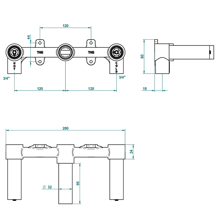 Смесители Встраиваемая часть смесителя настенного на 3 отверстия на пластине (рукоят.) cross handle version 