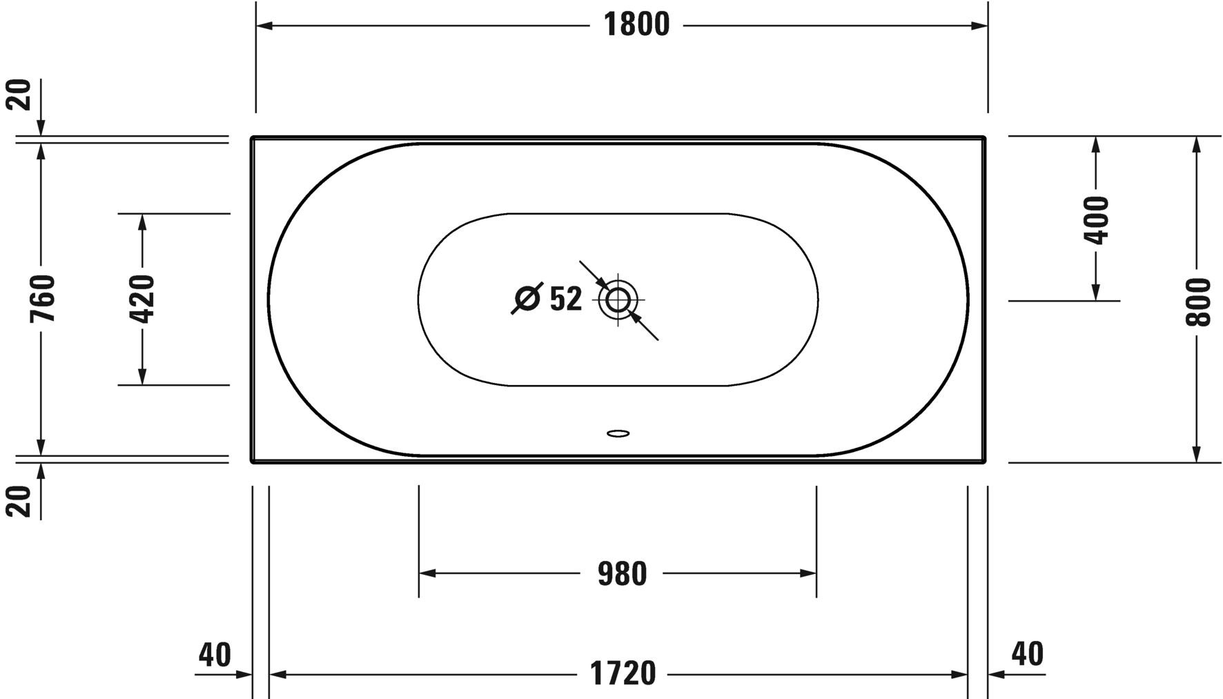 Ванны Ванна 1800 x 800 мм из акрила, встраиваемая версия, с двумя наклонами для спины, белая								 