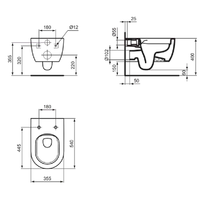 Унитазы Унитаз подвесной 545х360 мм безободковый RimLS+, с крепежом для скрытого монтажа, цвет белый глянец 