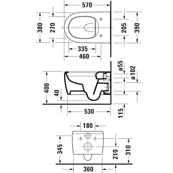 Унитазы Унитаз подвесной безободковый 370х570 мм, с креплением Durafix и петлями из нержавеющей стали, цвет белый 