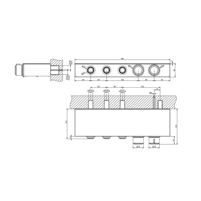 Смесители Смеситель для душа настенный встраиваемый, термостатический, с полкой, с 3 запорными кнопками, цвет хром 