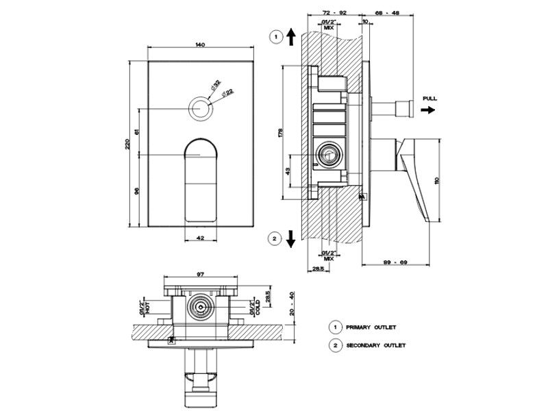 Смесители Внешняя часть для настенного смесителя на 2 выхода с переключателем ванна-душ, хром 