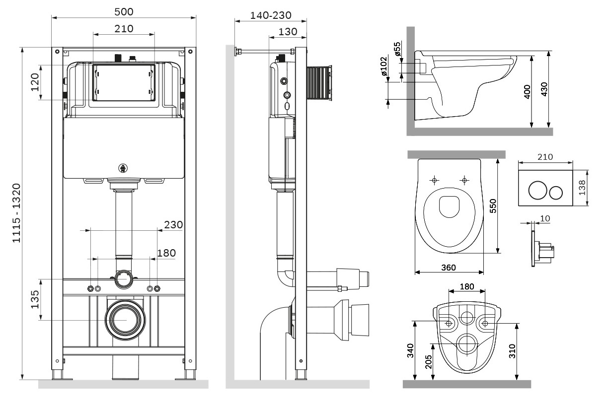 Унитазы Инсталляция с клавишей Pro L цвет белый с подвесным унитазом Sense безободковым с сидением микролифт 