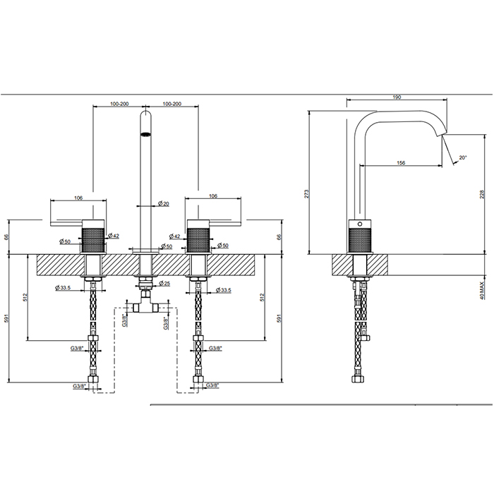 Смесители Смеситель для раковины на 3 отверстия, без донного клапана, излив 156 мм, h=228 мм, цвет: brushed black metal pvd 