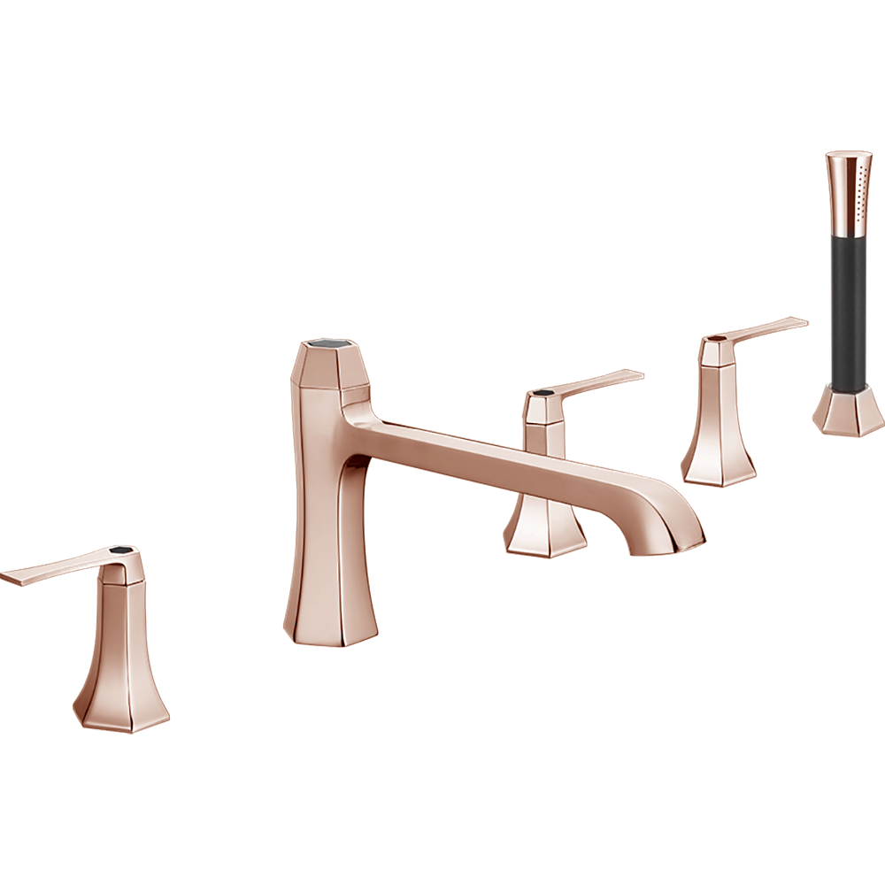 Смесители Смеситель на борт ванны на 5 отверстий, излив 210 мм, цвет золото розовое/черный матовый 