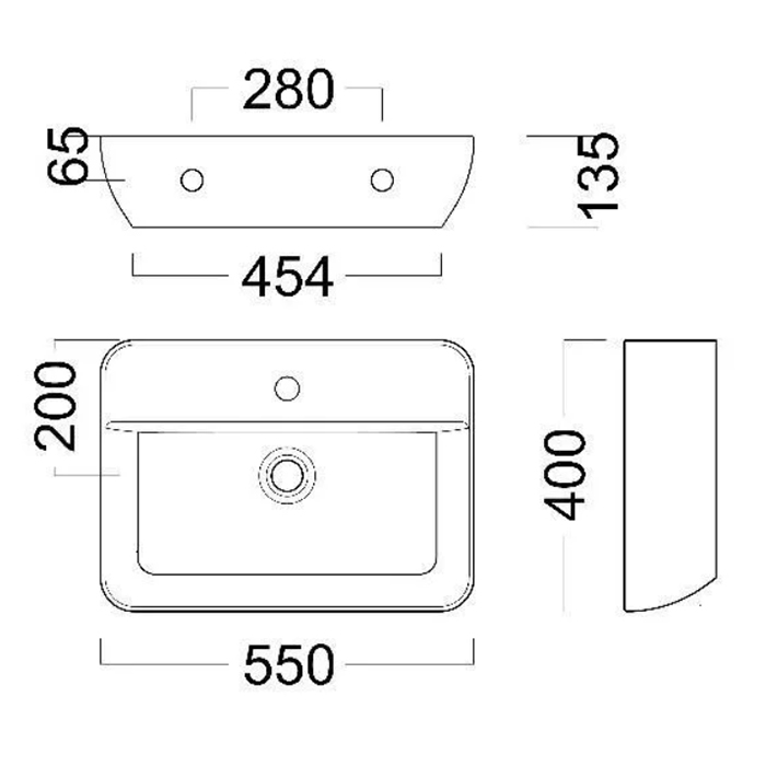 Раковины Раковина подвесная 55x40x13,5 см, с 1 отверстием под смеситель, без перелива, белая глянцевая 