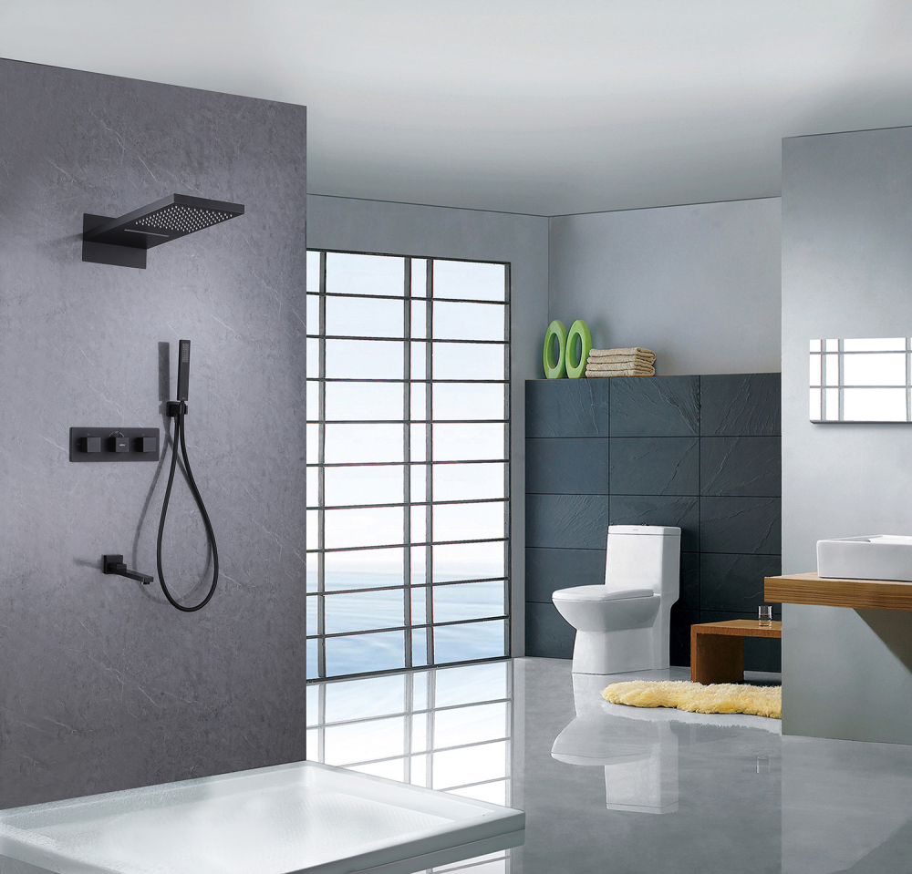 Душевая программа Душевая система скрытого монтажа с изливом, термостат, черный матовый 