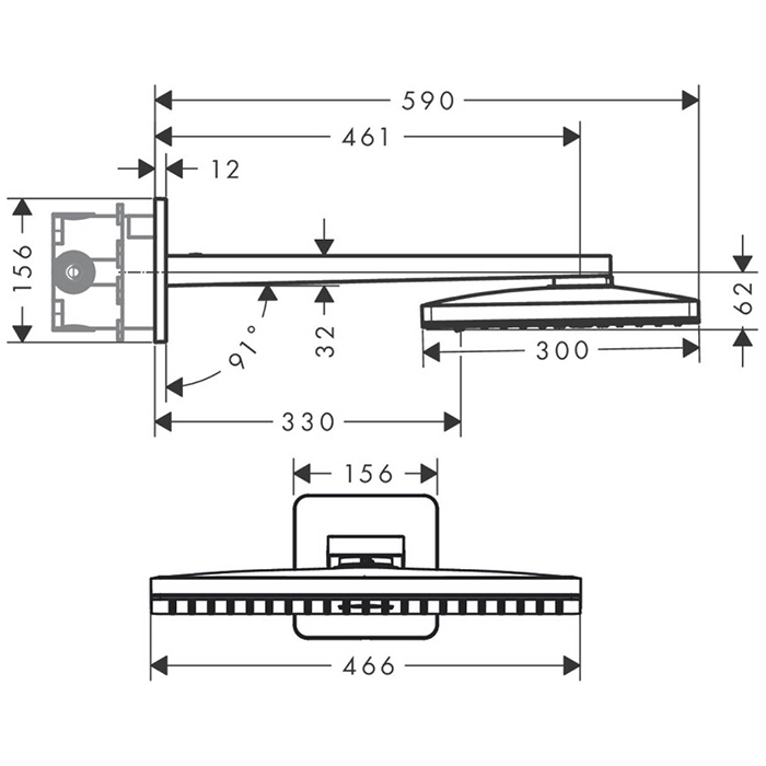 Душевая программа Верхний душ 460х300 мм, 3jet, с настенным держателем 460мм, скругленные края розетки, цвет хром 