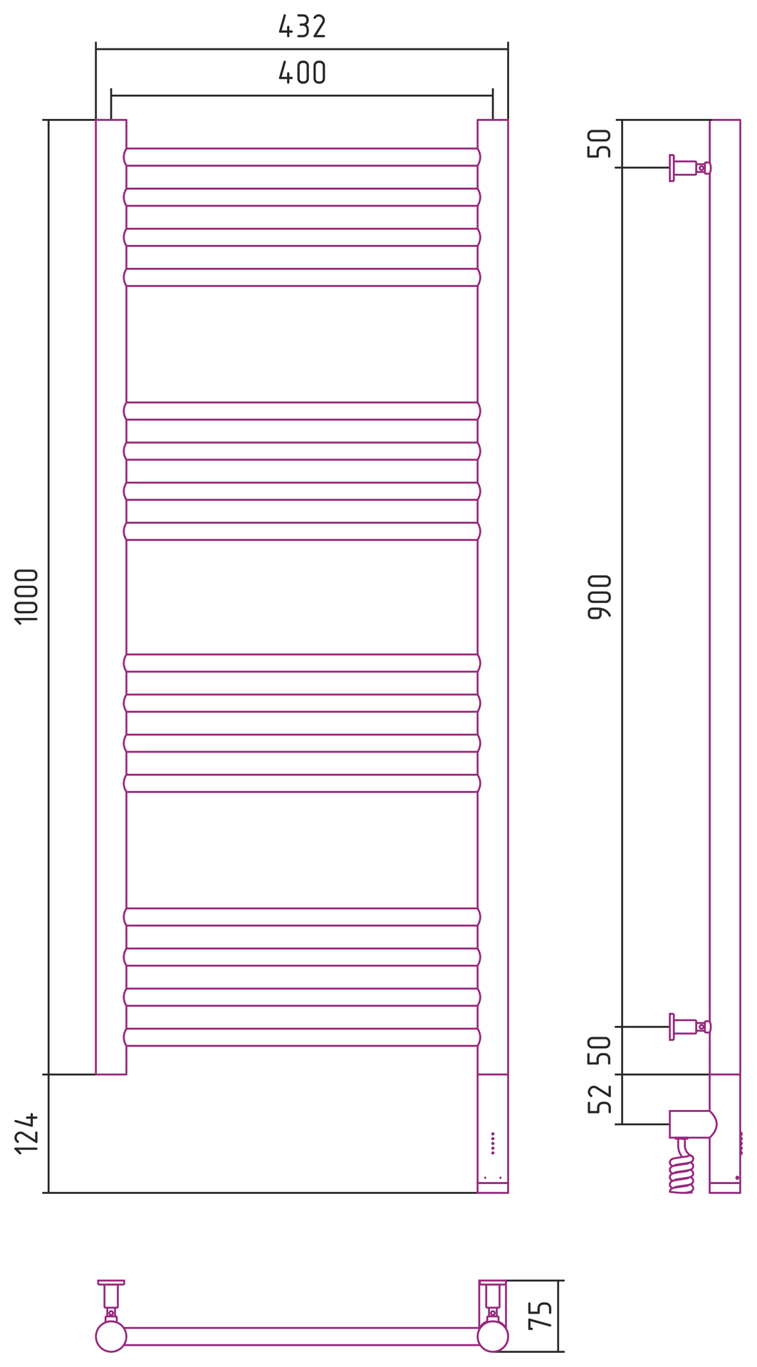 Полотенцесушители Радиатор электрический прямая 1000х400 электрический модуль правый 