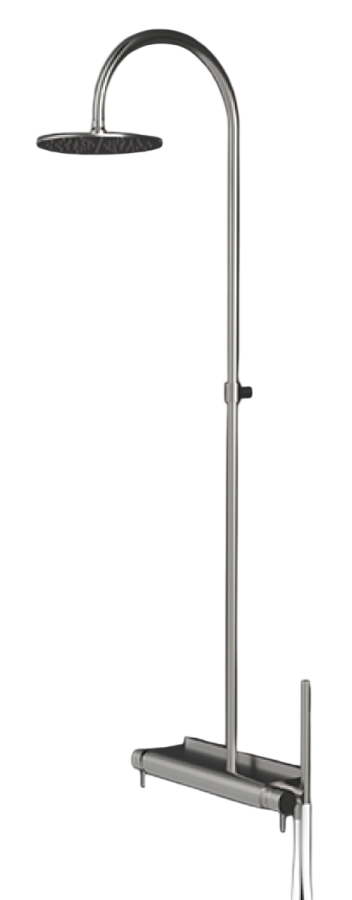 Душевая система Milo325, настенная, с полкой, с регулируемой лейкой для верхнего душа, Ø 200 мм, ручной душ Ø 18 мм, регулятор давления, цвет сатинированная сталь