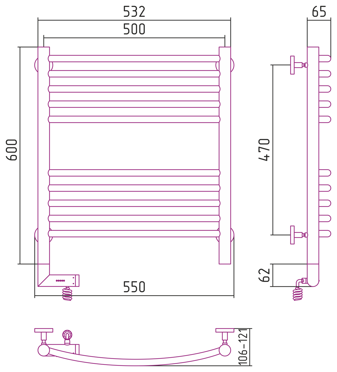 Полотенцесушители Радиатор электрический 600х500 электрический модуль левый 